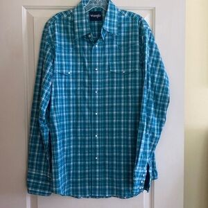 Wrangler Western Cotton Pearl Snap Long Sleeve Teal White Plaid Shirt Size M